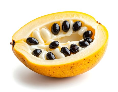 Open ackee fruit with cream-colored arils and white background, black seeds on, yellow pod