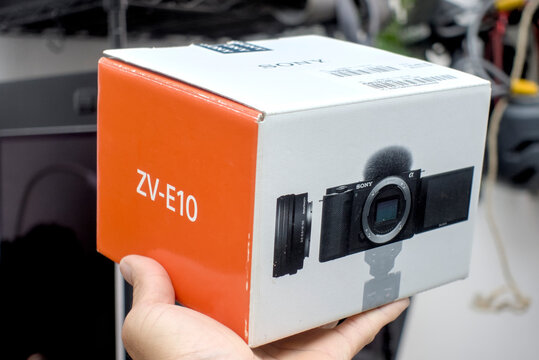 Zapopan Jalisco, Mexico - June 3 , 2026: Sony ZV-E10 mirrorless camera retail product box held by a hand close up