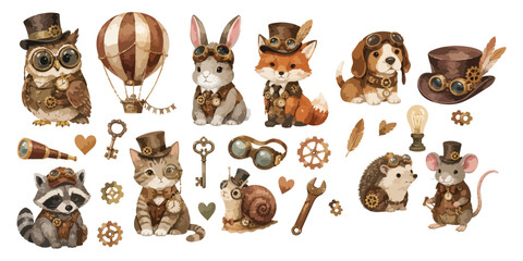 Cute Steampunk Animals Watercolor Clipart  © dian's