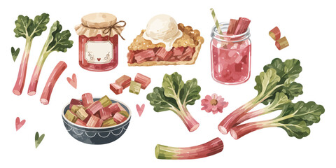 Naklejka na ściany i meble Watercolor Rhubarb Dessert and Pastry Clipart Collection