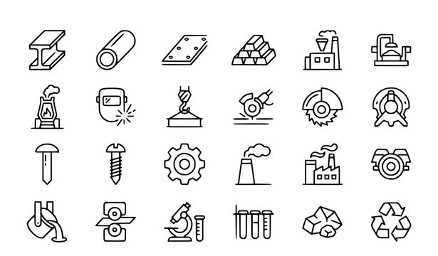 Metallurgy and Steel Products Outline Icon Pack with Industrial Engineering Symbols
