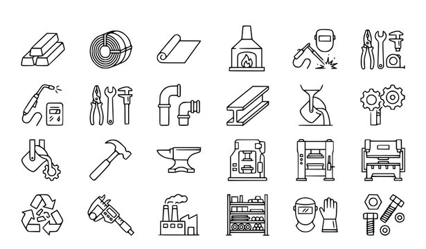 Steel Production and Metalworking Thin Line Icons for Industry and Engineering Design