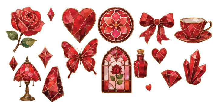 Vintage Red Stained Glass Window and Lamp Watercolor Art