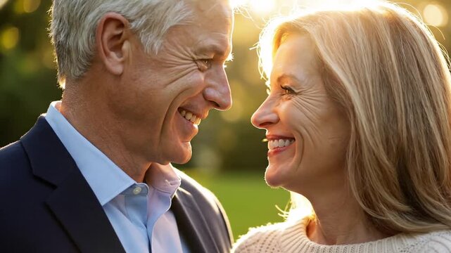Senior couple smiling at each other outdoors at sunset.