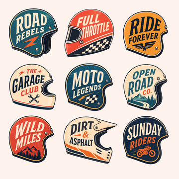 Vintage motorcycle helmet sticker designs vector illustration set with retro typography and emblem designs