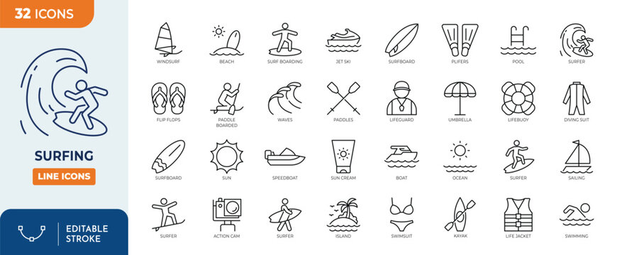 Surfing icon set. Editable stroke. Vector illustration