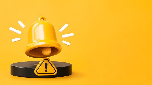 Yellow ringing bell on black podium with exclamation mark warning sign representing push notification alert and emergency reminder