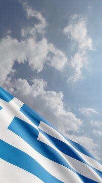 Passenger Airplane Flying Over Greek Flag Waving Against Blue Sky and Clouds Background