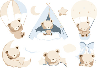 Cute watercolor baby bear vector illustration set with hot air balloon teepee tent moon on isolated white background © Ruma