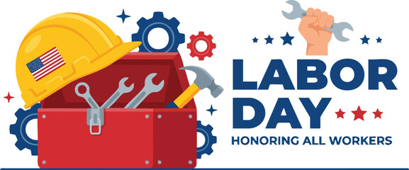 Naklejka premium Labor Day card with worker tools and hard hat