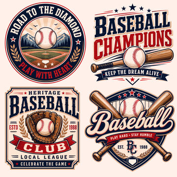 Four vintage-style baseball emblems featuring classic sports equipment, fields, and motivational text, designed for clubs and champions.
