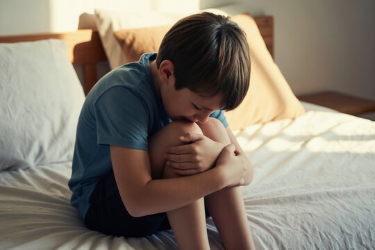 Sad young boy sits alone on bed hugging knees. Child cries with head bowed feeling unhappy upset and lonely in bedroom. This photo shows negative emotion.