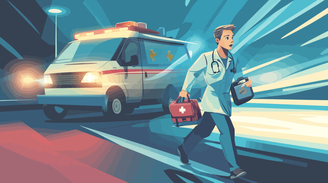 Emergency medical professional running from ambulance at night