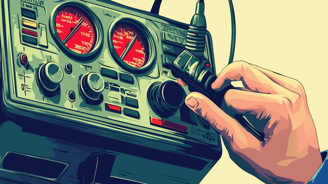 Hand adjusting a radio transceiver with dials and displays