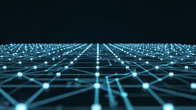 Abstract visualization of a connected digital network grid with glowing nodes and data pathways, ideal for concepts of artificial intelligence, big data, blockchain, global communication, and future..