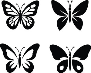 Obraz premium Premium collection of four butterfly logo designs featuring decorative wing patterns, elegant butterfly silhouettes,