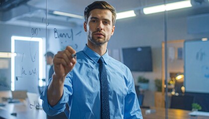 Fototapeta premium Young Professional Businessman Planning and Writing on Glass Wall in Modern Office