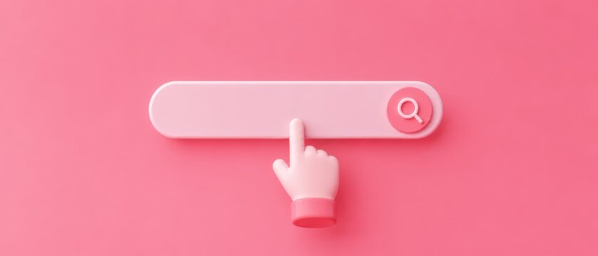 3D pastel pink minimal search bar interface with a cartoon hand cursor pressing a magnifying glass icon on a soft pink background, conceptual web search and user interaction design