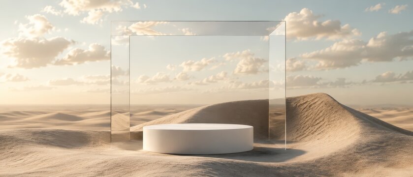 Minimalist white circular podium framed by a transparent glass cube placed on windswept sand dunes at golden hour, soft clouds overhead and long shadows in a serene desert scene