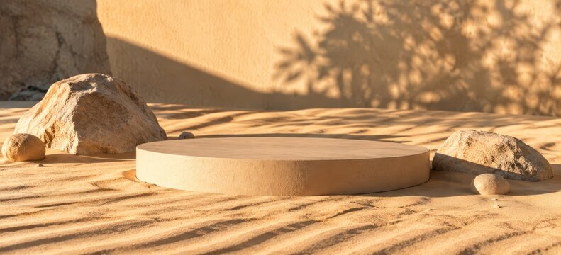 Round wooden podium displayed in a sunlit sandy desert scene with rippled sand dunes and scattered rocks and boulders casting soft plant shadows on a warm textured beige wall