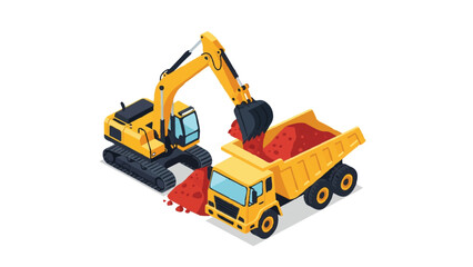 Fototapeta premium Isometric Yellow Excavator Loading a Dump Truck with Soil. Construction Machinery Vector Illustration. Heavy Equipment and Earthmoving Industry Concept.