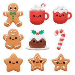 Obraz premium Cute Christmas treats gingerbread man pudding candy cane hot chocolate and star cookies