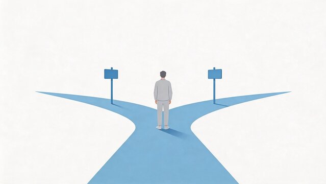 Person at crossroads with two paths