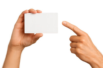 Obraz premium Hand holding blank white card and pointing finger isolated on white background