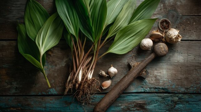 Wild green plants and root vegetables laid out on a weathered wooden table with vegetables, foraging