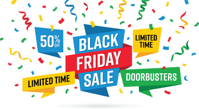 Black Friday sale banner with colorful confetti and discount tags