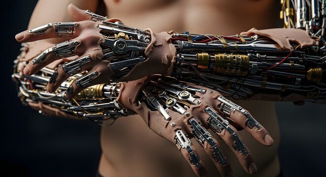 Cyborg robotic arm on human body.