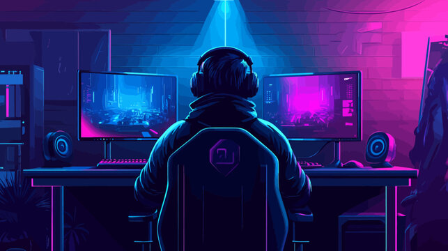 Person with headphones in gamer setup illuminated by neon lights