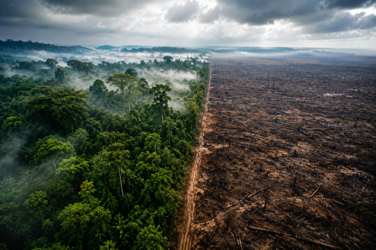 Industrial land clearing and slash and burn deforestation in jungle