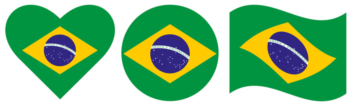 Brazil flags set. Flag of Brazil isolated in heart shape. Waving flag of Brazil isolated. Round flag of Brazil isolated in circle shape