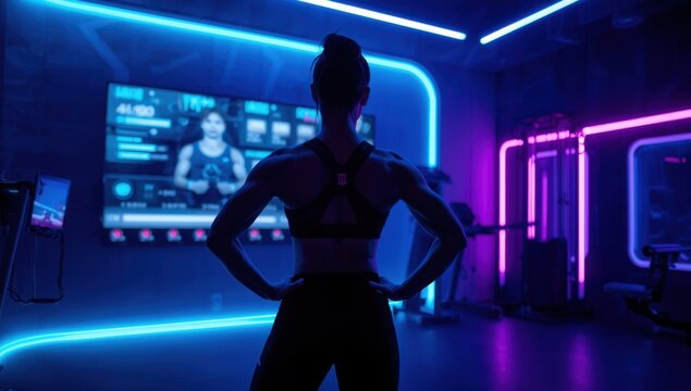 Fit woman in silhouette watching a virtual workout on screen in a modern gym with neon lighting