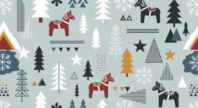 Dala Horse and Pine Tree Winter Forest Pattern.