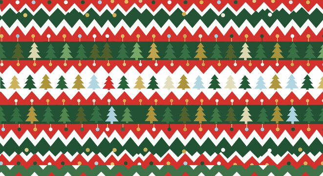 Seamless Christmas pattern with festive trees and zigzag lines.