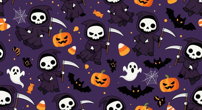 Halloween themed pattern with grim reapers pumpkins ghosts and bats.