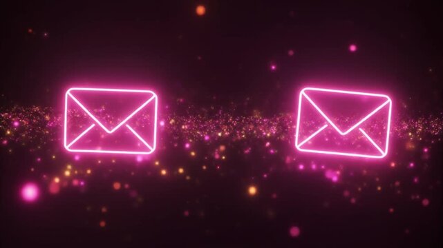 Two Glowing Neon Pink Message Envelope Icons Floating with Gold Particle Effects on Dark Background