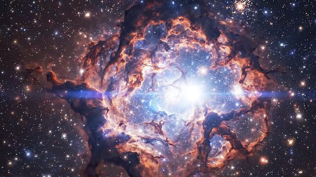 Flying through a glowing cosmic nebula in deep space, slow zoom-in 3D animation