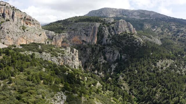 Aerial view of a dramatic rocky ridge with steep cliffs and dense Mediterranean pine forest on western slopes within rugged mountainous Sierra Aitana, Spain. 
