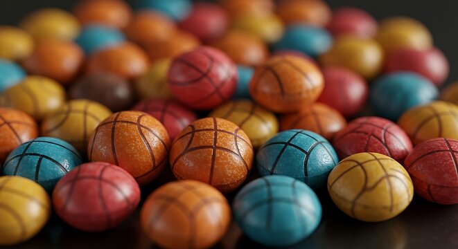 Objetos esf&eacute;ricos coloridos que lembram miniaturas de bolas de basquete sobre uma superf&iacute;cie escura.