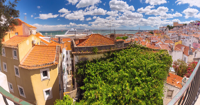 Panoramic View of Alfama District and Tagus River in Lisbon Portugal