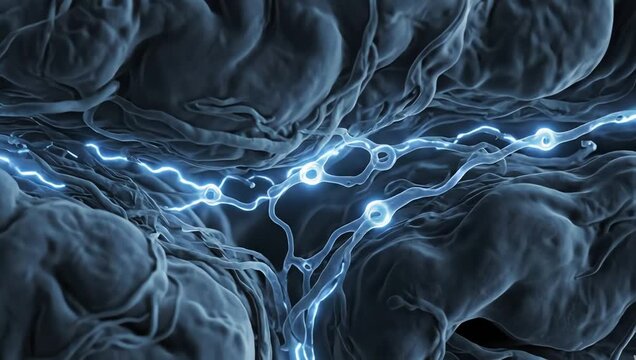 Neural activity inside a dehydrated brain, weakened electrical signals flickering slowly through transparent synapses