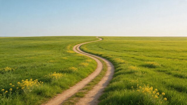 Winding dirt path through green field