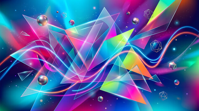 Futuristic Abstract Crystal Neon Flow Background with Sharp Polygon Geometry, Holographic Reflections, Vibrant Gradient Mesh, Glossy 3D Surfaces, Cinematic Lighting, Dynamic Motion, Ultra Detailed 8K 