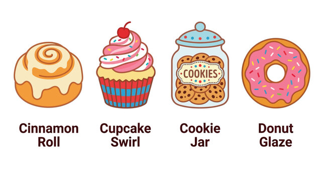 Assorted sweet treats arranged on a table with a cinnamon roll, colorful cupcake, cookie jar, and glazed donut.