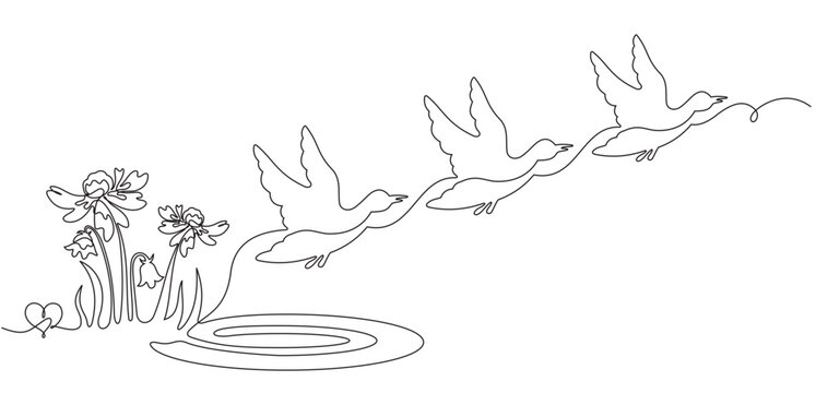 River scene with flying birds and reeds in continuous line hand drawn sketch style.