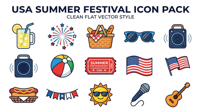 Summer festival icons depict various USA cultural symbols and objects