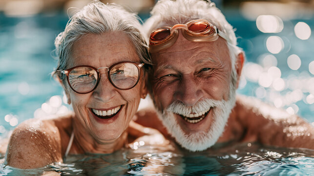 Retrato em close-up de um casal de idosos feliz sorrindo na piscina. Aposentados aproveitando o ver&atilde;o, f&eacute;rias e um estilo de vida ativo e saud&aacute;vel